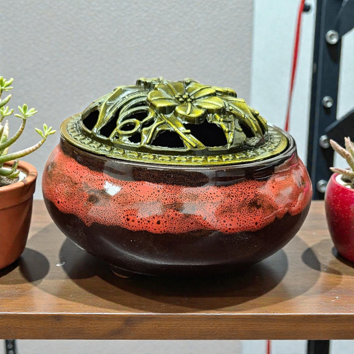 Lava Color Ceramic Incense Burner Bowl with Floral Lid – 3.75” Charcoal Incense Holder with Fireproof Felt Pad