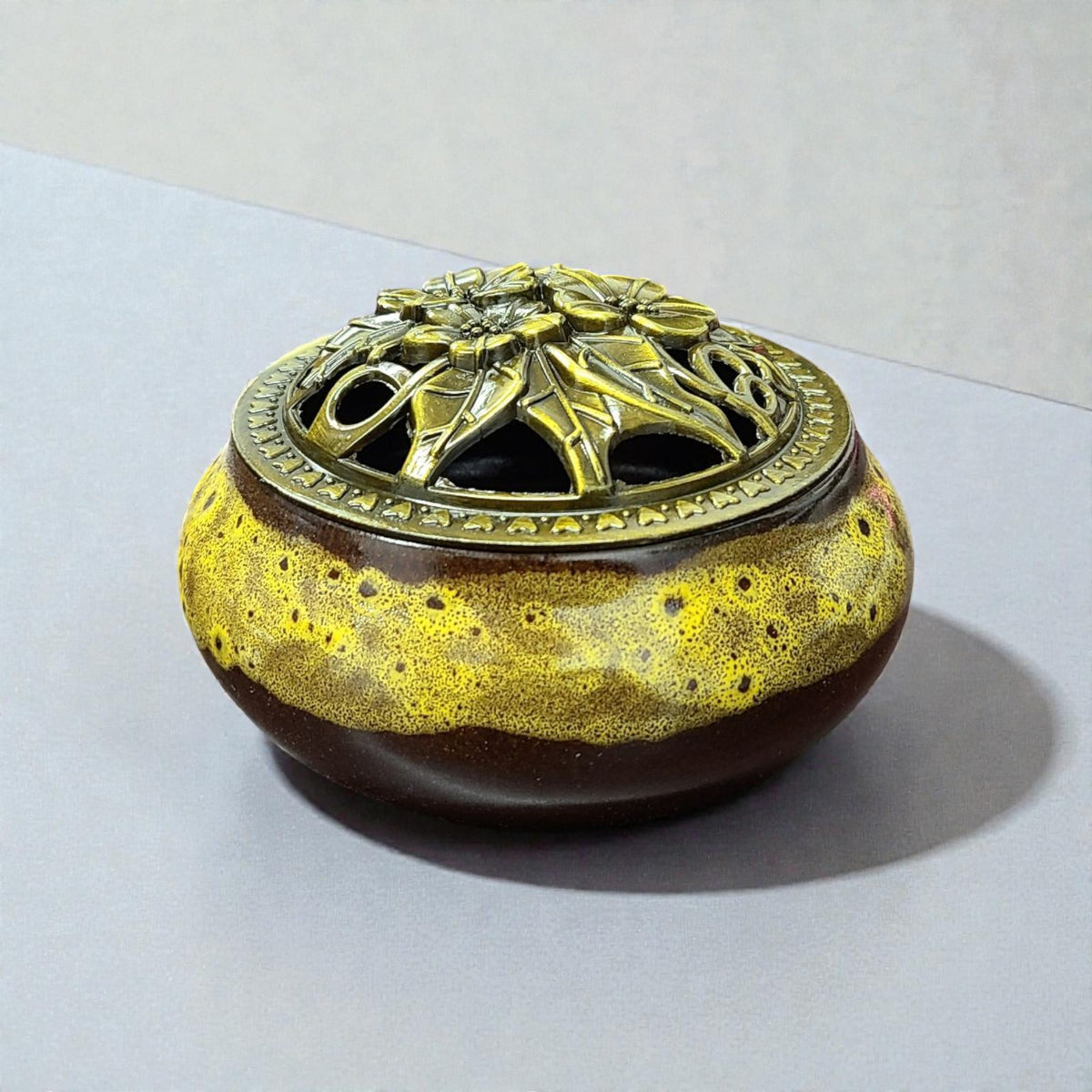 Sun Color Ceramic Incense Burner Bowl with Floral Lid – 3.75” Charcoal Incense Holder with Fireproof Felt Pad