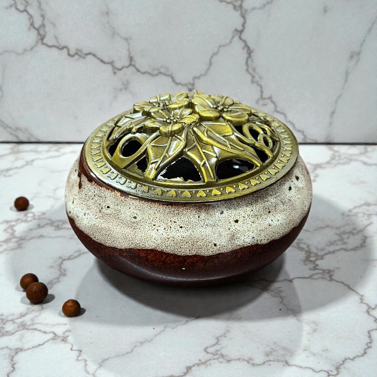 Smoky Brown Ceramic Incense Burner Bowl with Floral Lid – 3.75” Charcoal Incense Holder with Fireproof Felt Pad