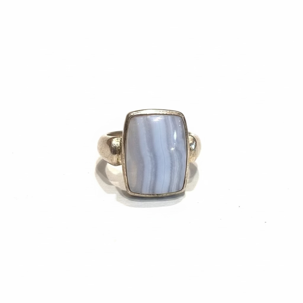 Blue Lace Agate Sterling Silver Ring size 8 – delicate blue crystal jewelry known for calming energy and clear communication.