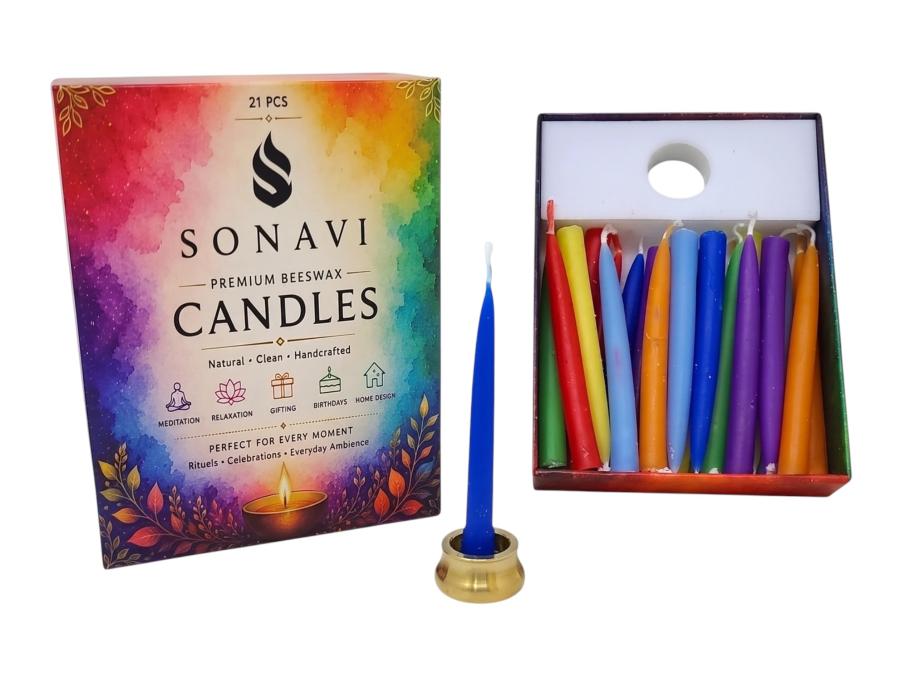 SONAVI Premium Beeswax Candles – Assorted Colors (21 Piece Set with Brass Holder)