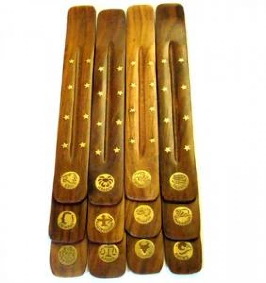 Zodiac Signs Inlaid Wood Boat Incense Burner 10"L