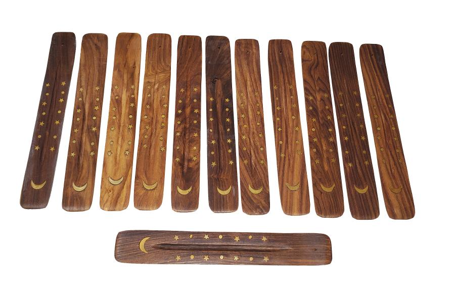 Star Moon Inlaid Boat Incense Burner Wood 10"L