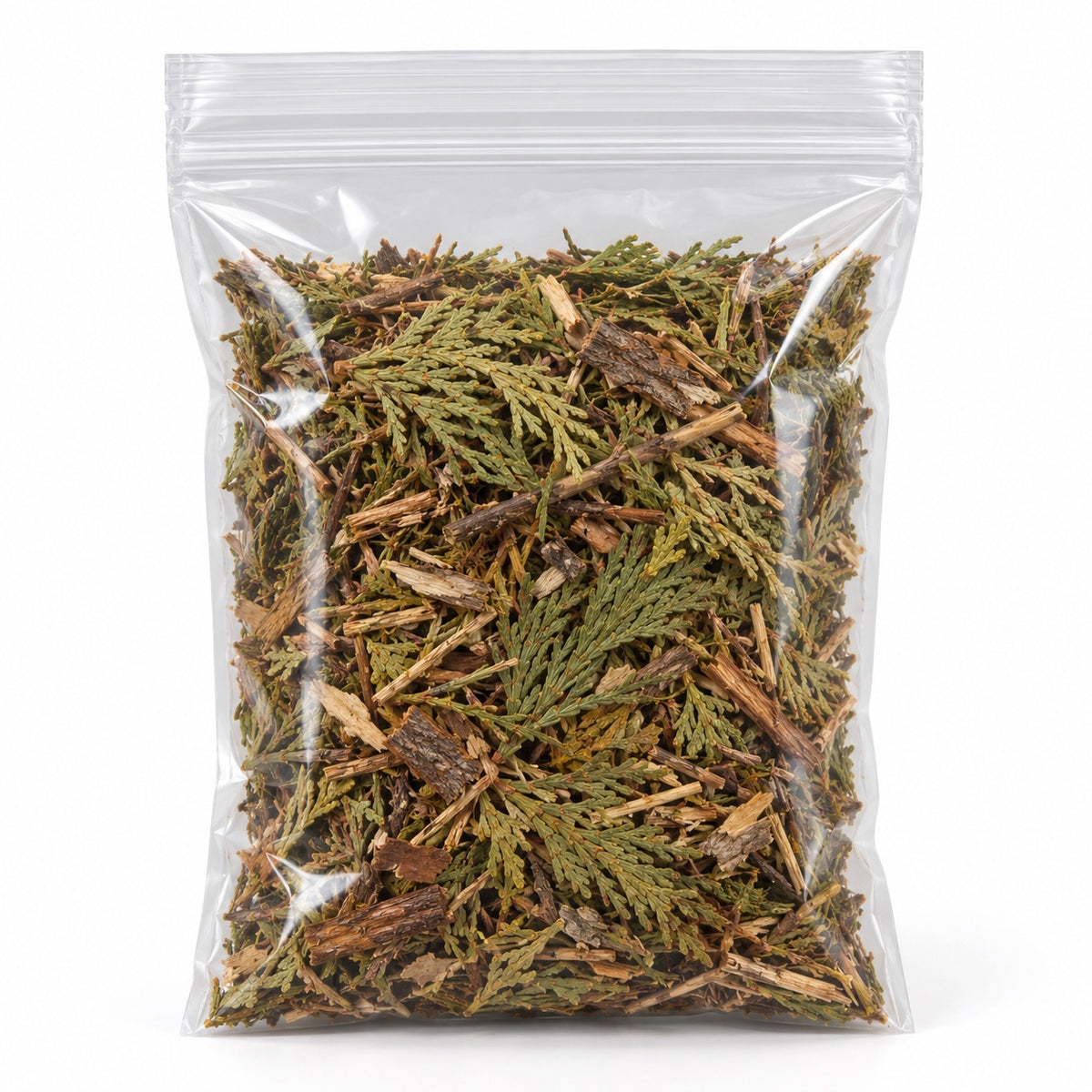Cedar loose herbs half-ounce in a clear resealable bag on a white background