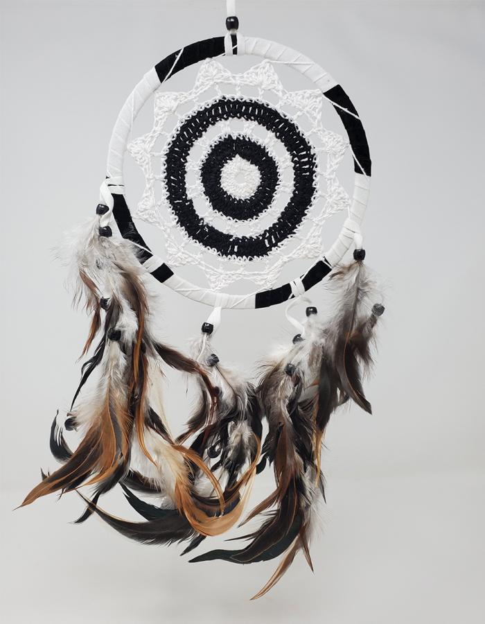 6.5" Crochet Black-White Dream Catcher with Feathers & Beads 14" High