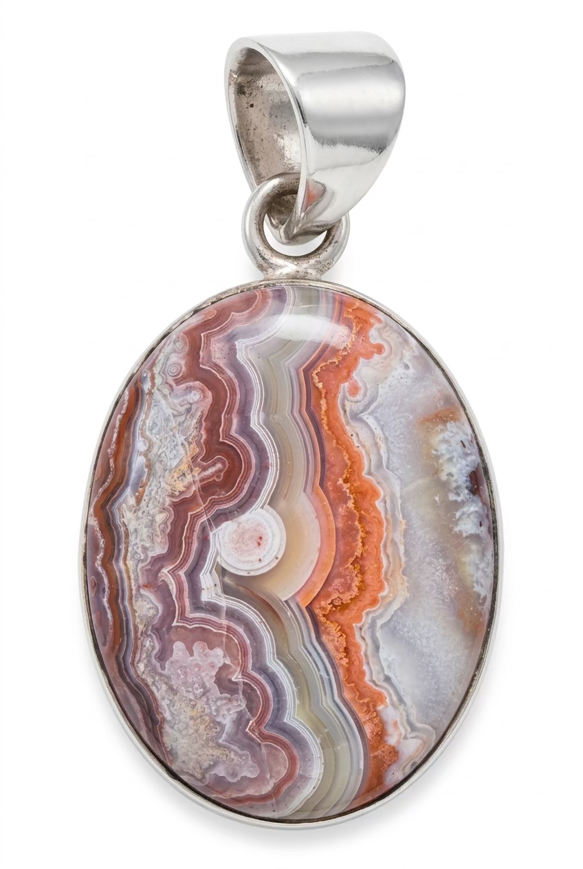 Crazy Lace Agate Oval/Drop SS Pendant – unique silver jewelry featuring oval/drop shaped crazy lace agate known for balance and protection.