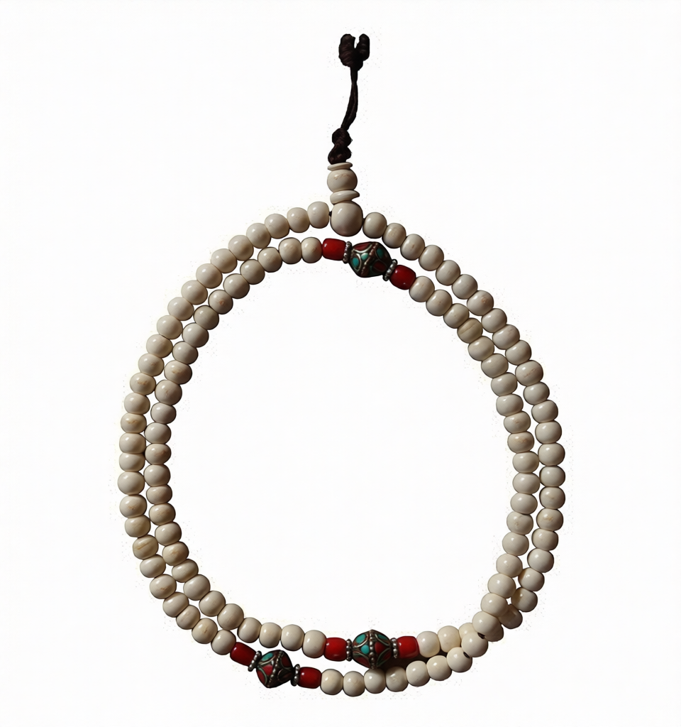 White Bone Derocated W/ Coral Turquoise Japa Mala 8MM