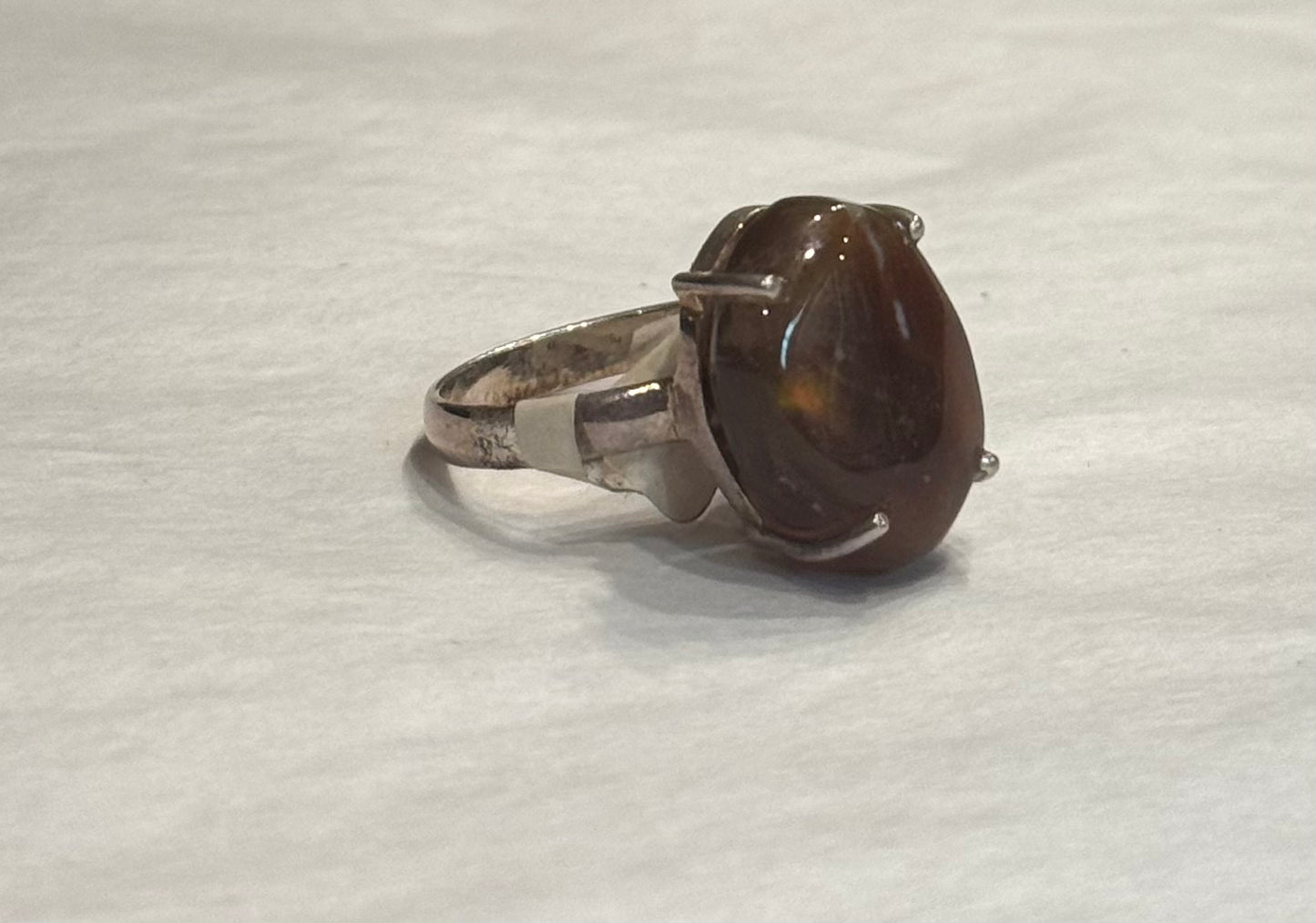 Fire Agate Mexico Sterling Silver Ring size 8 – fiery iridescent crystal jewelry known for grounding and protective energy.