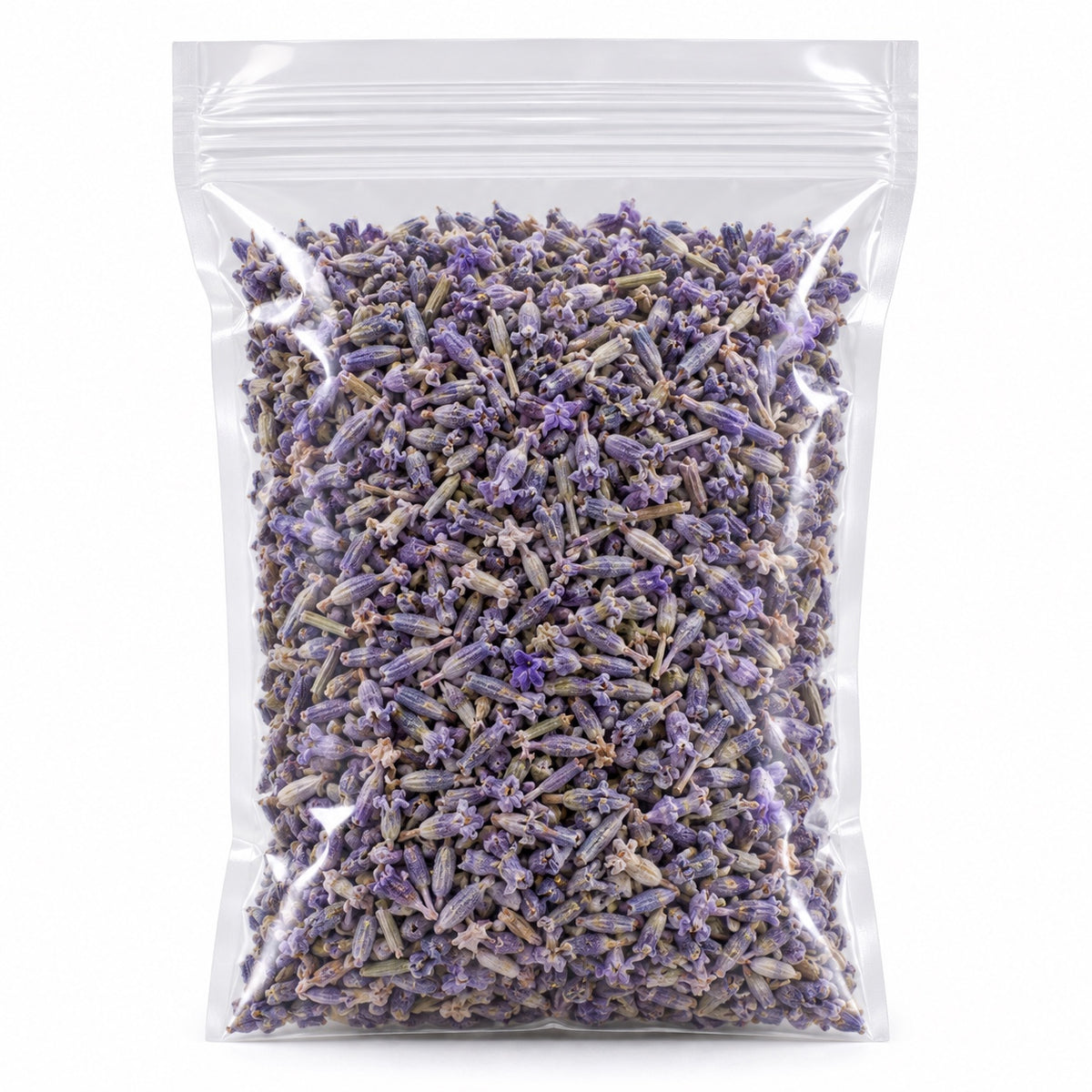 French lavender loose herb, dried purple lavender buds in clear resealable bag on white background