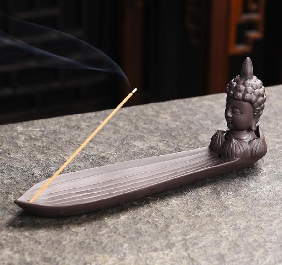Ceramic Buddha Head Incense Boat Burner (8" L)