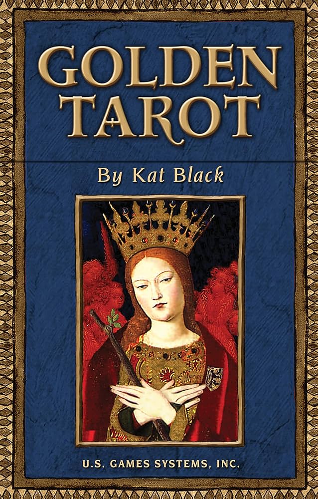 Golden Tarot by Kat Black – a 78-card deck blending medieval and Renaissance art with Rider-Waite symbolism, featuring gilt-edged cards and a 198-page guidebook.