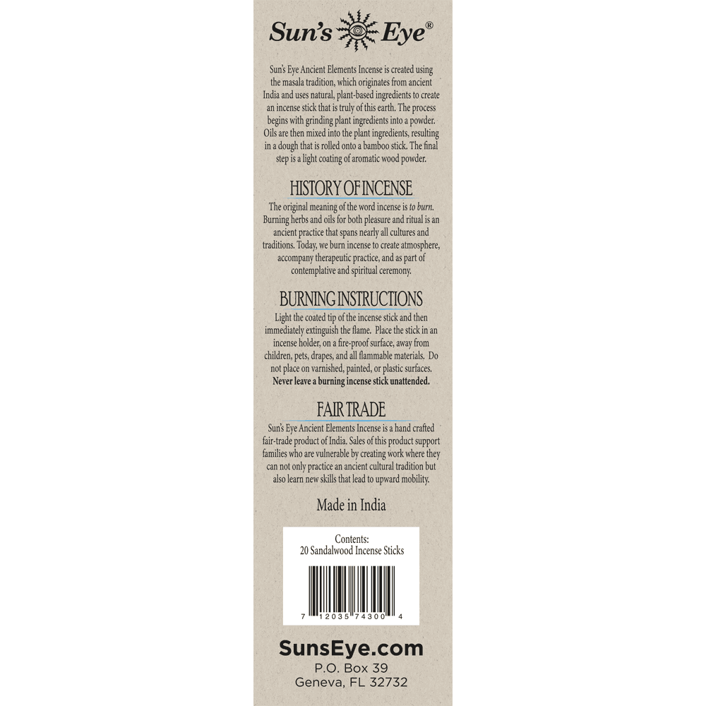 Back of Sun's Eye Ancient Elements Sandalwood natural incense sticks packaging