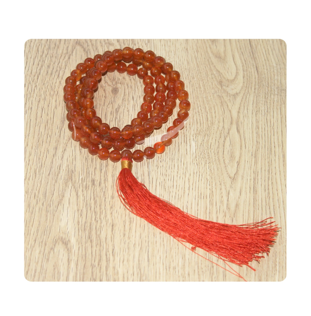 Carnelian Agate 8MM 108 Round Beaded Mala With Red Tassel 33-37" Long