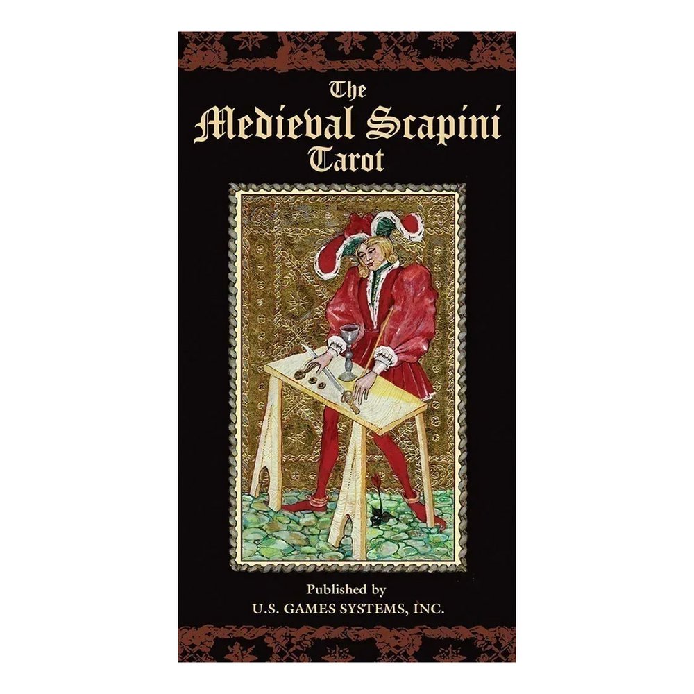 The Medieval Scapini Tarot by Luigi Scapini – Renaissance-inspired tarot deck featuring gold-accented illustrations of 15th-century Italy, with full scenes in both Major and Minor Arcana.