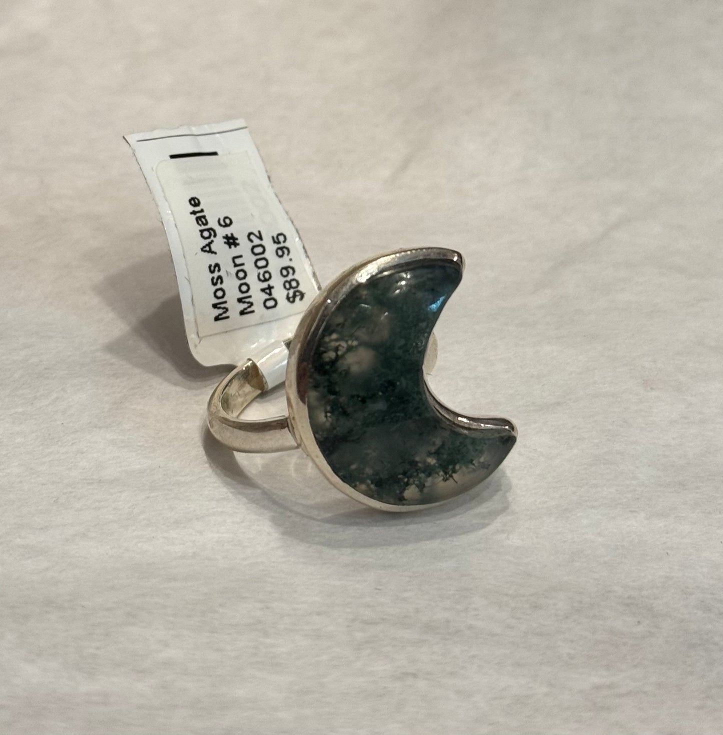 Moss Agate Moon Shaped Sterling Silver Ring size 6 – unique crescent design featuring earthy green crystal known for growth and healing.