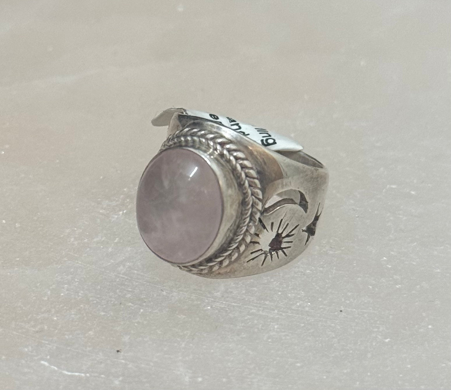 Rose Quartz Oval Round Sterling Silver Ring size 6 – elegant silver jewelry featuring oval and round pink rose quartz stones symbolizing love and emotional healing.