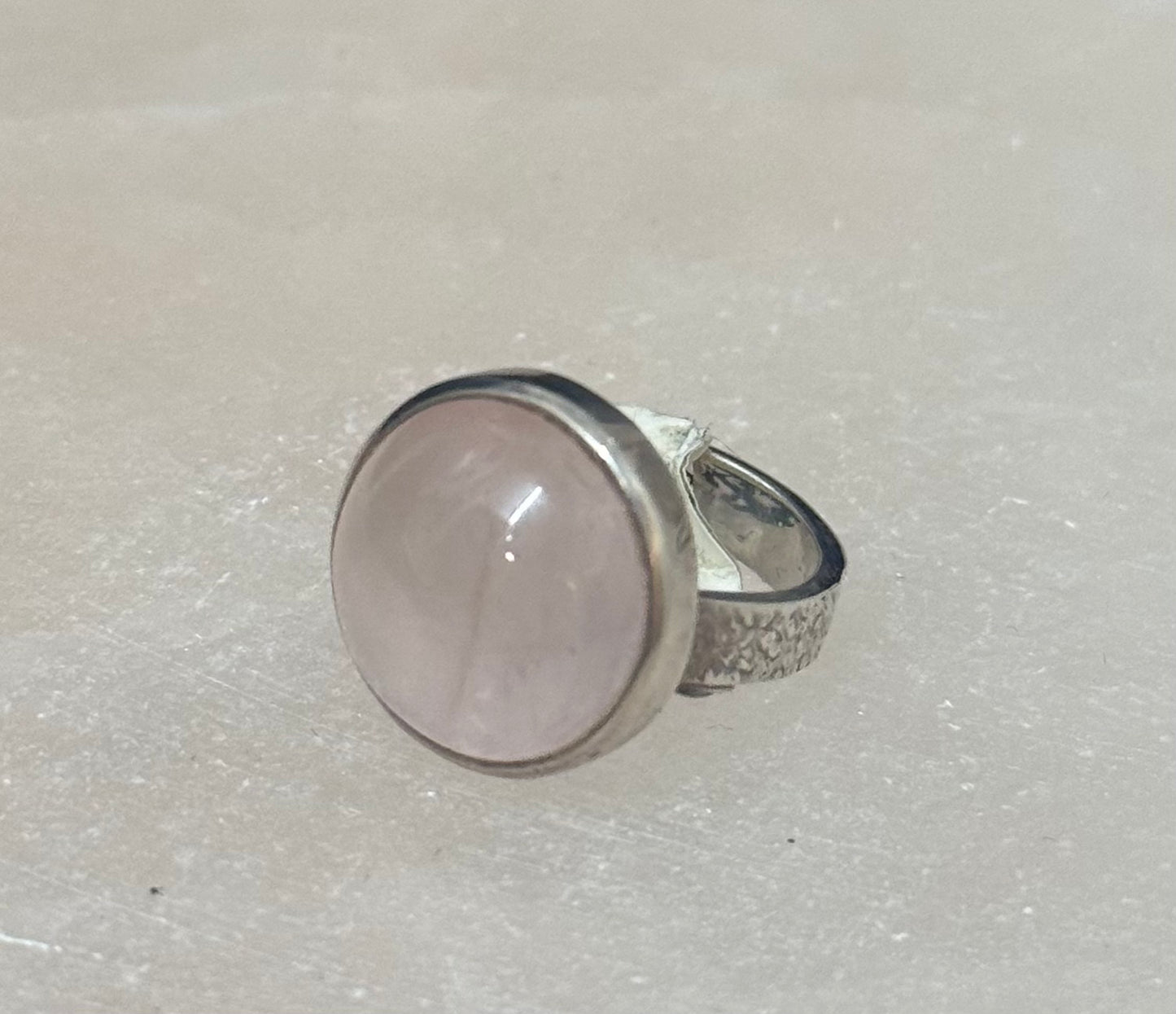 Rose Quartz Oval Round Sterling Silver Ring size 6 – elegant silver jewelry featuring oval and round pink rose quartz stones symbolizing love and emotional healing.