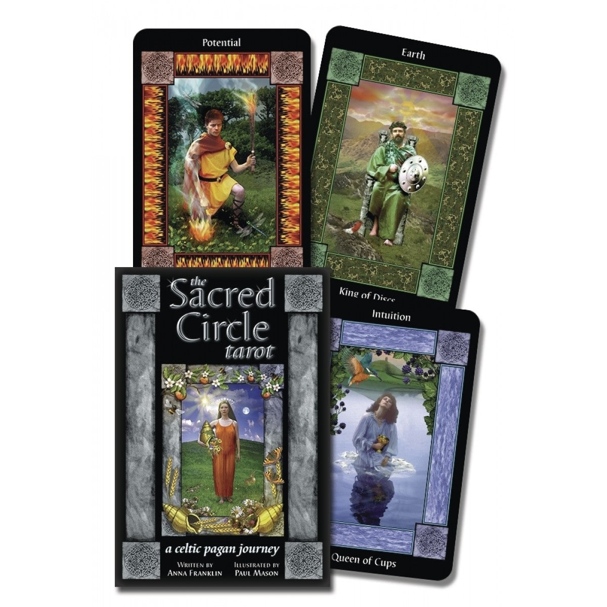 Sacred Circle Tarot by Anna Franklin & Paul Mason – 78-card deck inspired by Celtic Pagan traditions, featuring original photography and artwork, with a focus on sacred sites and symbols of Britain and Ireland, accompanied by an 80-page guidebook.