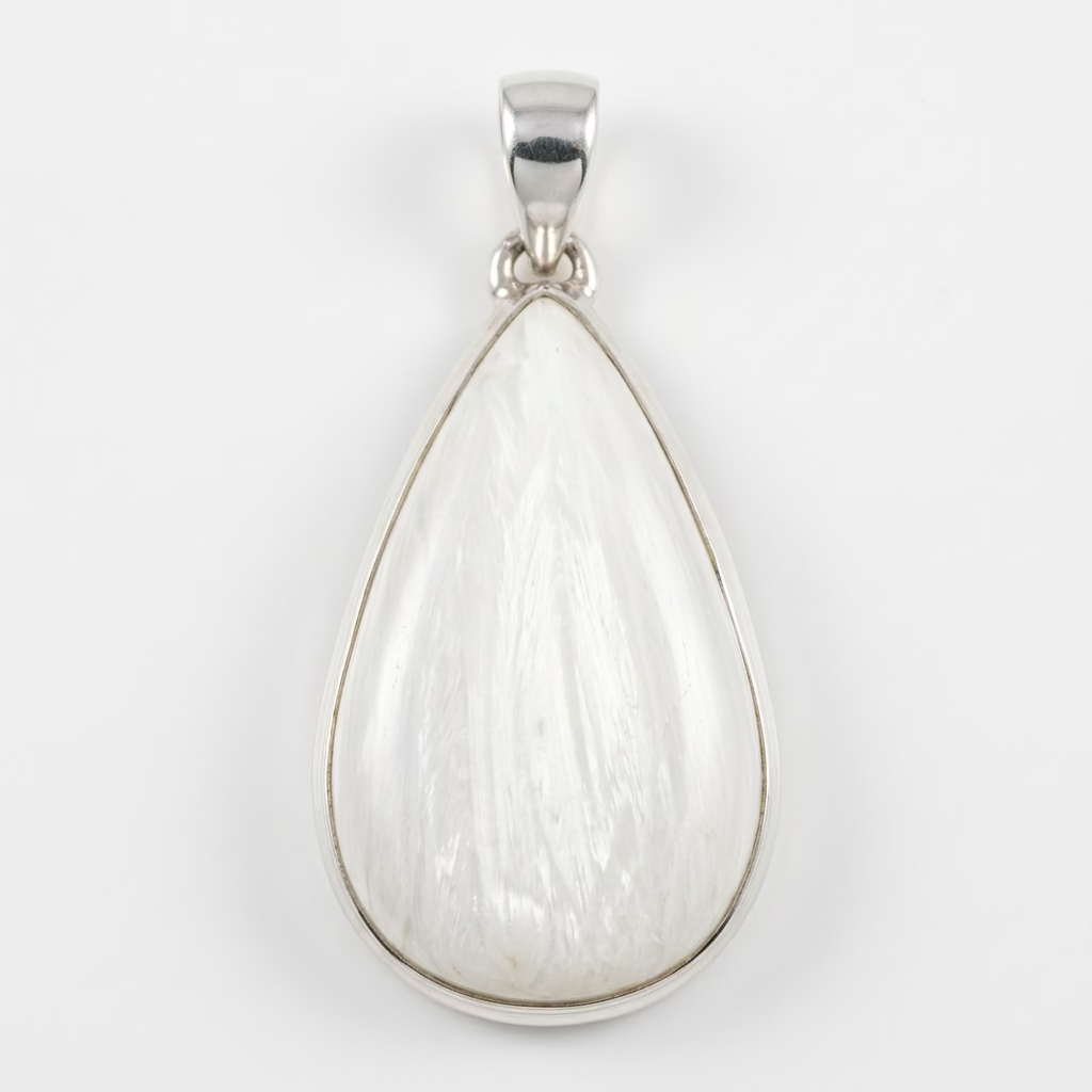 Scolecite Drop SS Pendant – elegant crystal jewelry featuring droplet-shaped scolecite stone symbolizing healing and spiritual growth.