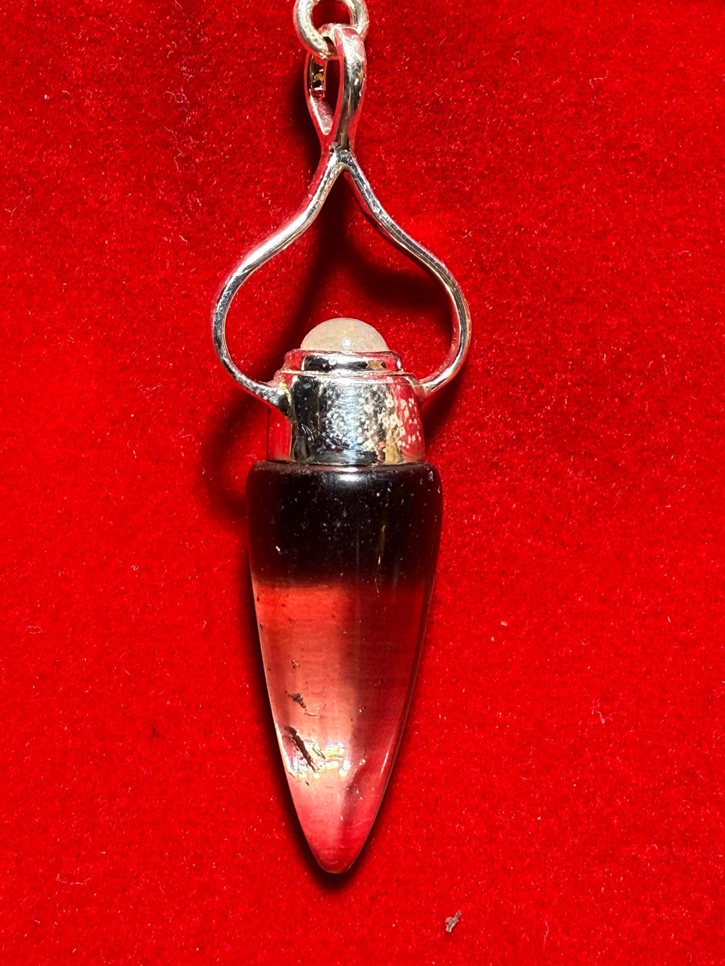 Smoky Quartz Moonstone Sterling Silver Pendulum – elegant divination tool combining grounding smoky quartz and intuitive moonstone crystals.
