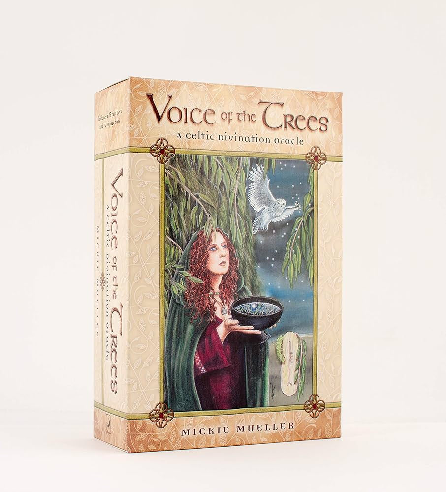 Voice of the Trees by Mickie Mueller – 25-card oracle deck featuring Celtic ogham symbols and tree lore, accompanied by a 216-page guidebook for divination, meditation, and spiritual insight.