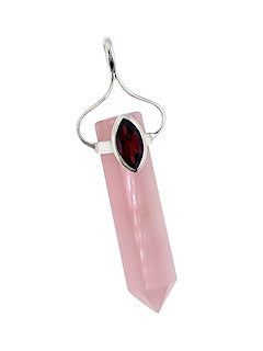Rose Quartz with Garnet Sterling Silver Wand Point Pendant