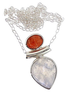 Rainbow Moonstone & Sunstone Goddess .925 Sterling Silver Necklace