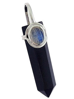 Black Tourmaline with Rainbow Moonstone Sterling Silver Pendant