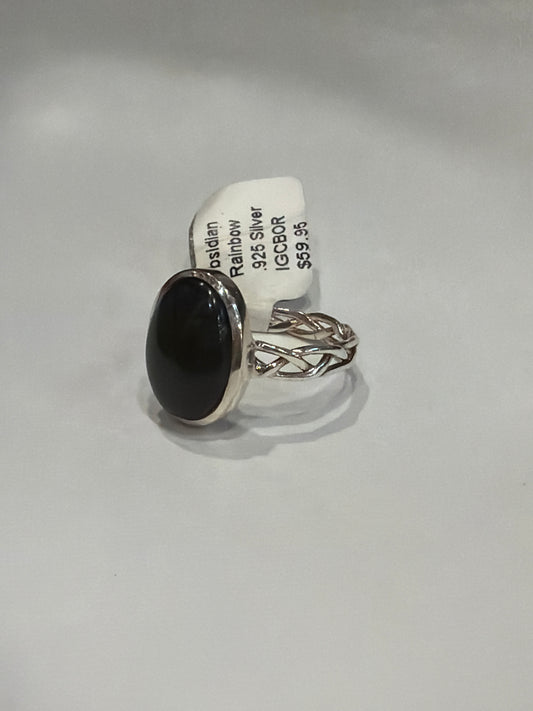 Obsidian Rainbow Oval Celtic Band Sterling Silver Ring Size 9