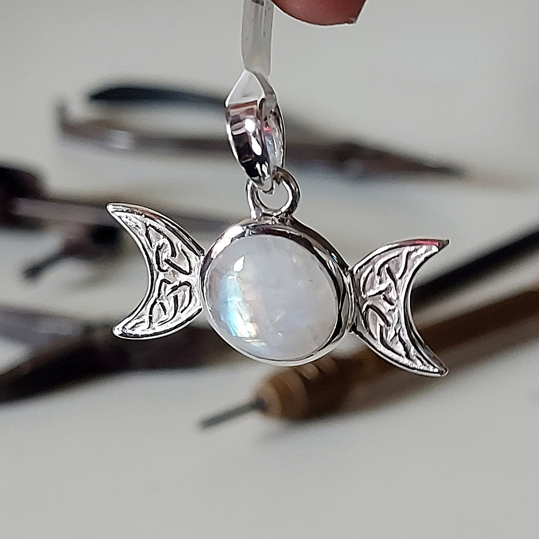 Rainbow Moonstone Triple Goddess Sterling Silver Pendant