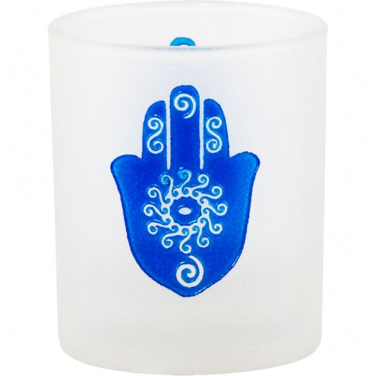 Fatima Hamsa Hand Frosted Glass Candle Holder