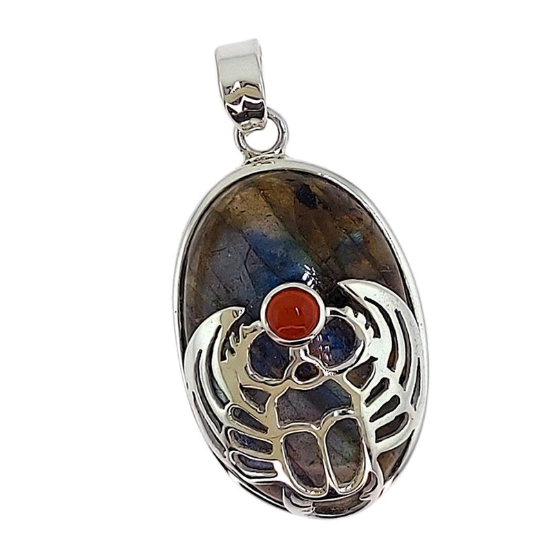 Labradorite Scarab with Carnelian Attached Mystical Life Sterling Silver Pendant