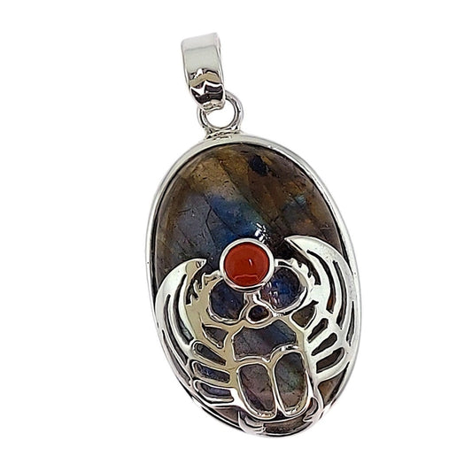 Labradorite Scarab with Carnelian Attached Mystical Life Sterling Silver Pendant
