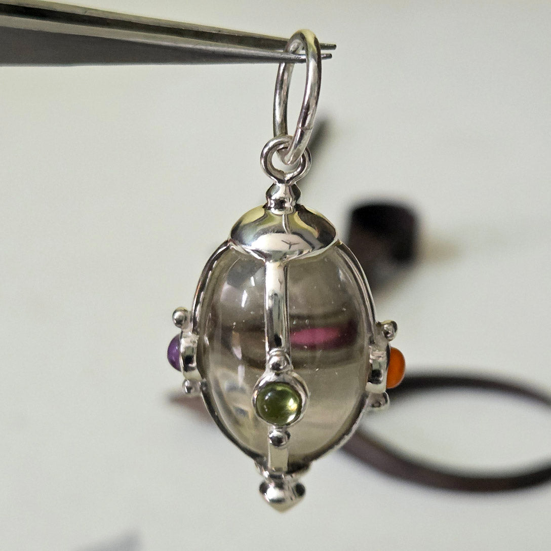 Clear Quartz Egg 4 Directions W/ Stones Sterling Silver Pendant