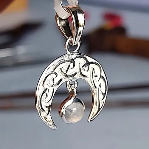 Rainbow Moonstone Mystical Crescent Celtic Moon Sterling Silver Pendant