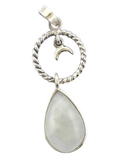 Rainbow Moonstone Drop W/ Moon Charm Sterling Silver Pendant