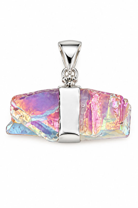 Aqua Aura Quartz Natural Point Large Round Bail Sterling Silver Pendant