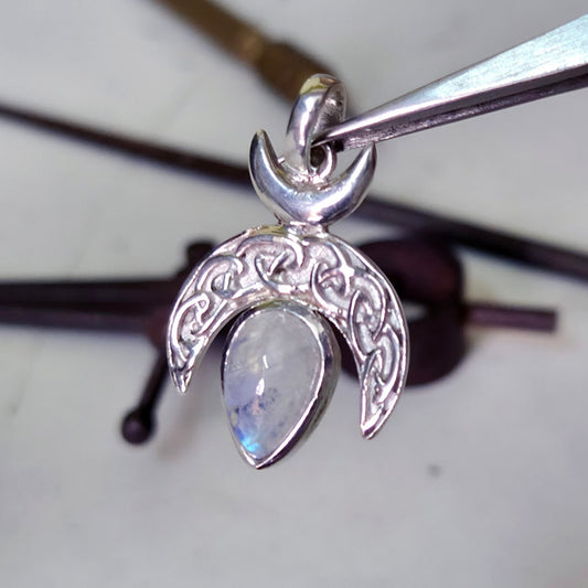 Rainbow Moonstone Drop Crescent Moon Night Sterling Silver Pendant