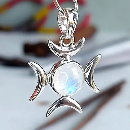 Rainbow Moonstone Triple Goddess Sterling Silver Pendant