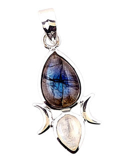 Labradorite W/ Rainbow Moonstone Triple Goddess Sterling Silver Pendant