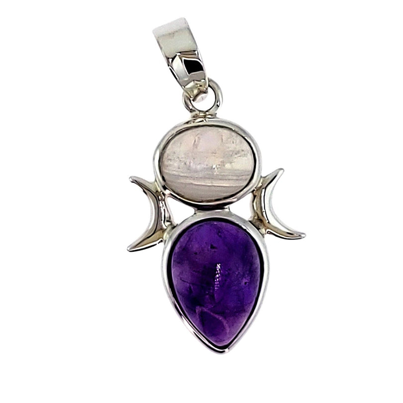 Amethyst W/ Rainbow Moonstone Triple Goddess Sterling Silver Pendant
