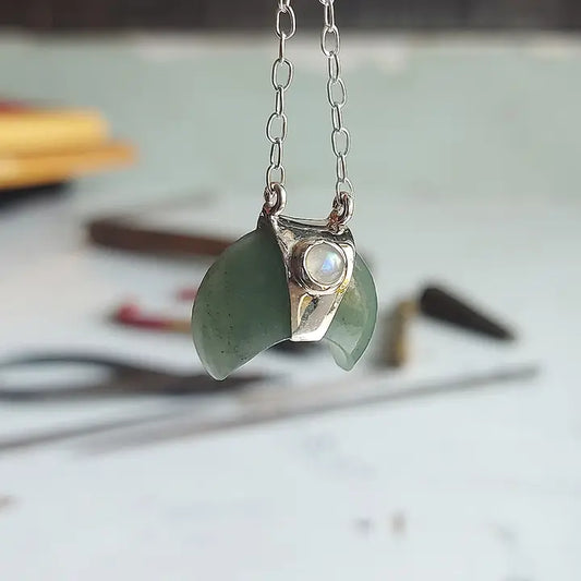 Jade with Rainbow Moonstone Crescent Moon Sterling Silver Necklace