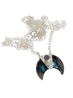 Labradorite Moonstone Crescent Moon Sterling Silver Necklace