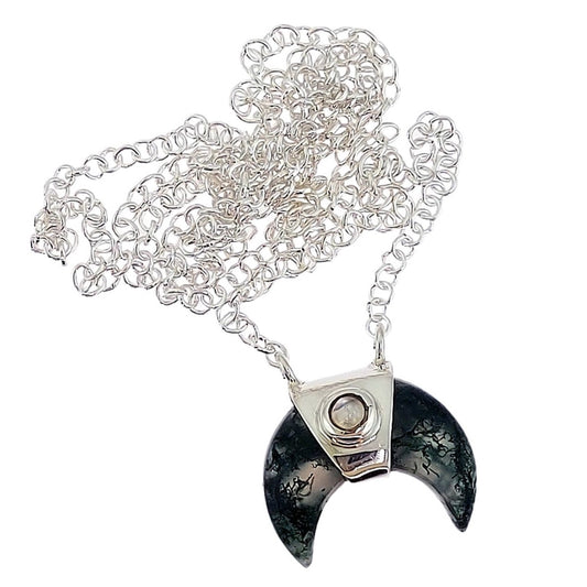 Moss Agate Moonstone Crescent Moon Sterling Silver Necklace
