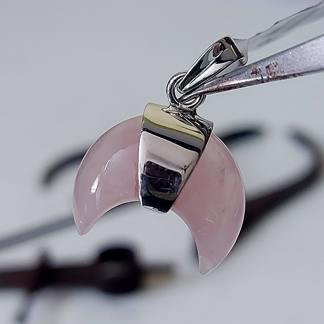 Rose Quartz Crescent Moon Sterling Silver Pendant