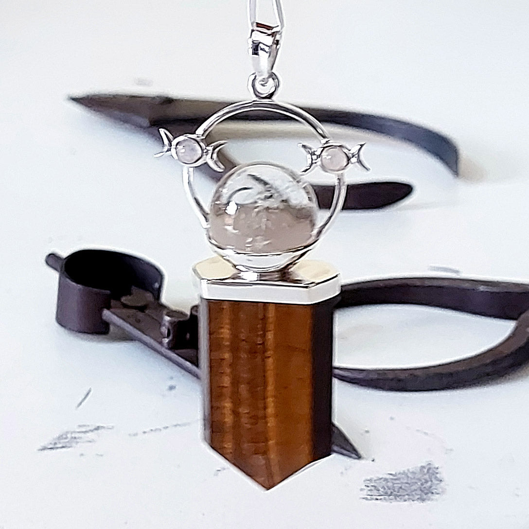Tiger Eye Clear Quartz Orbit Glove Sterling Silver Pendant