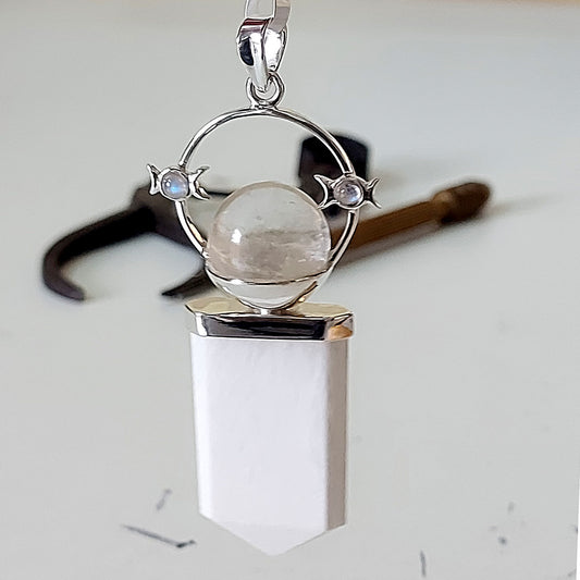 Scolecite Clear Quartz Orbit Glove Sterling Silver Pendant