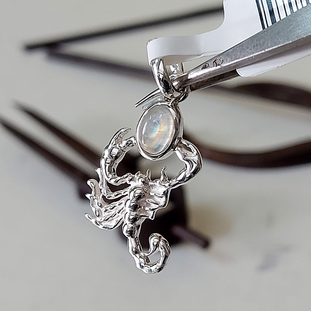 Rainbow Moonstone Scorpion Sterling Silver Pendant
