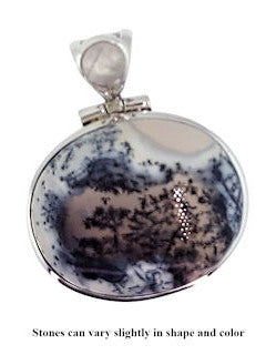 Dendritic Opal with R. Moonstone Accent Sterling Silver Remembrance Pendant