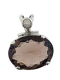 Smoky Quartz Faceted Oval with R. Moonstone Accent Sterling Silver Remembrance Pendant